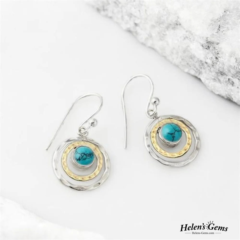 Boho Saturn Earrings With Turquoise Stone In Silver And Gold