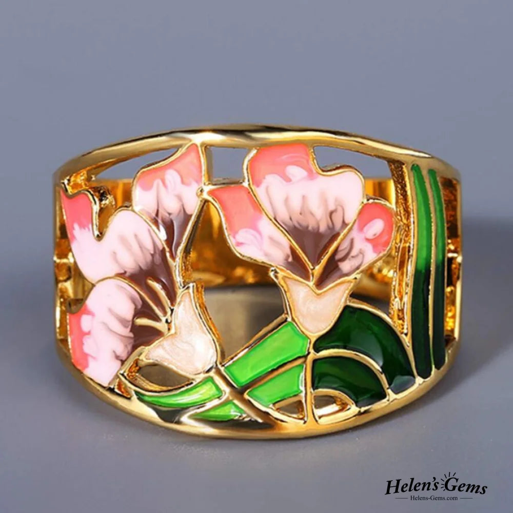 Vintage Golden Enamel Flower Ring