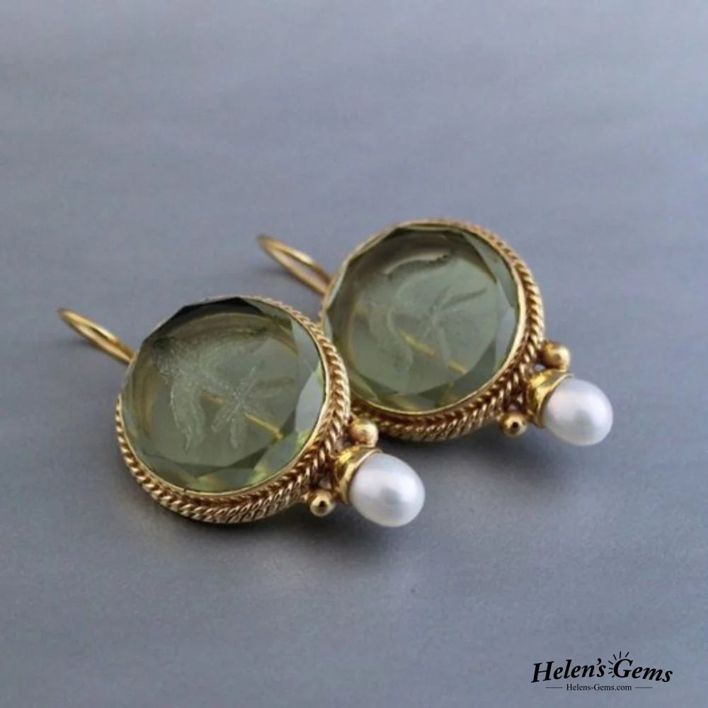 Vintage Rounded Green Stone Pearl Earrings