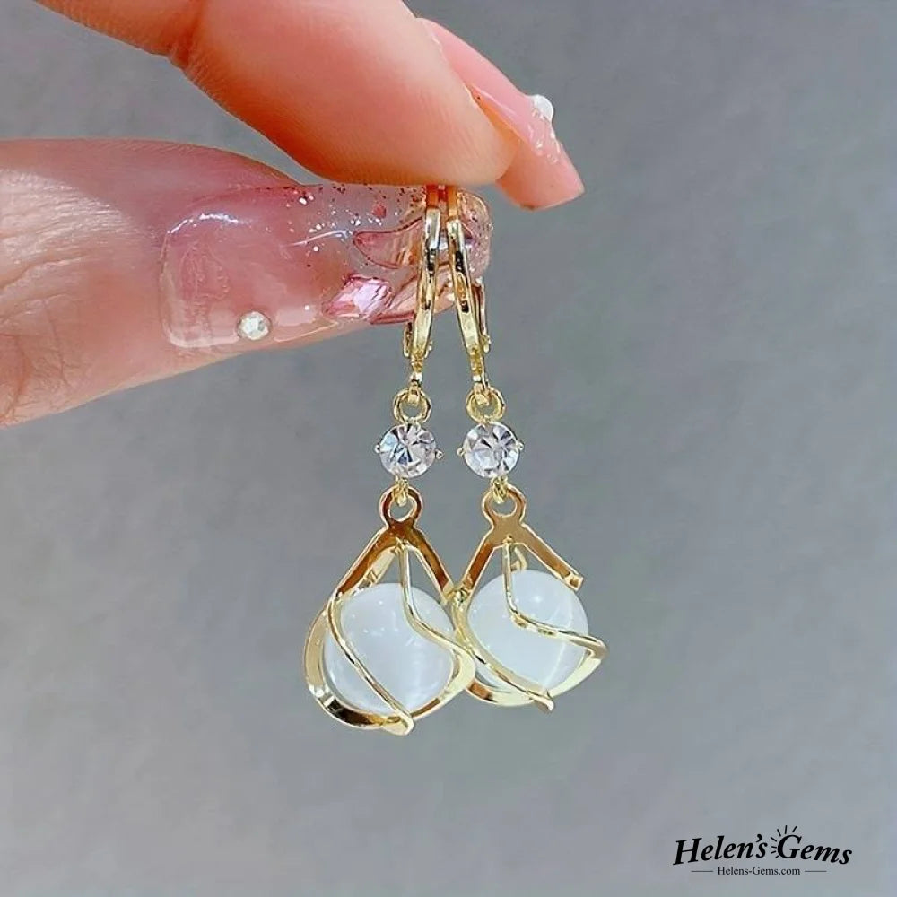 Vintage White Opal Dangling Golden Earrings